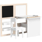 White kids table and chair set with open storage and chalkboard and whiteboard display