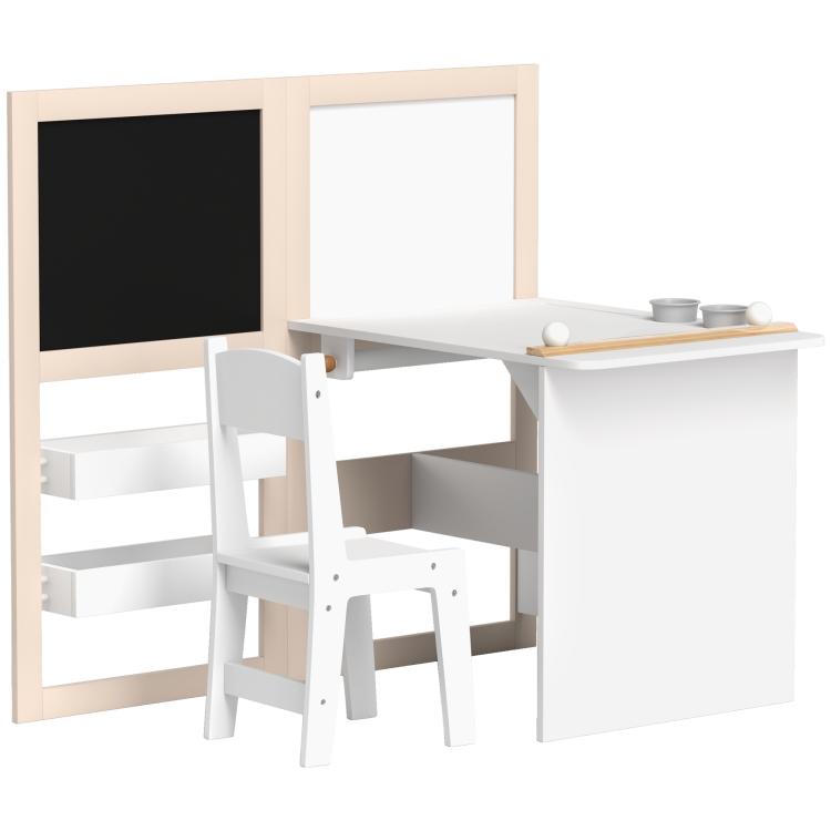 White kids table and chair set with open storage and chalkboard and whiteboard display