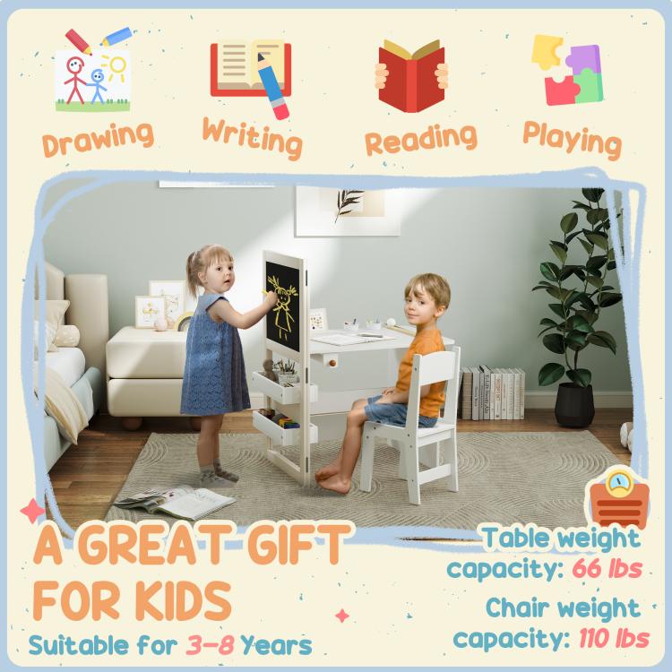 White kids table and chair set with storage and writing boards: blackboard, whiteboard