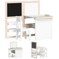 White kids writing table set with storage, chalkboard and whiteboard panels, and chairs