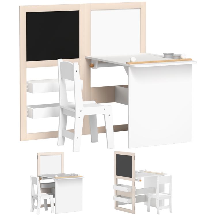 White kids writing table set with storage, chalkboard and whiteboard panels, and chairs