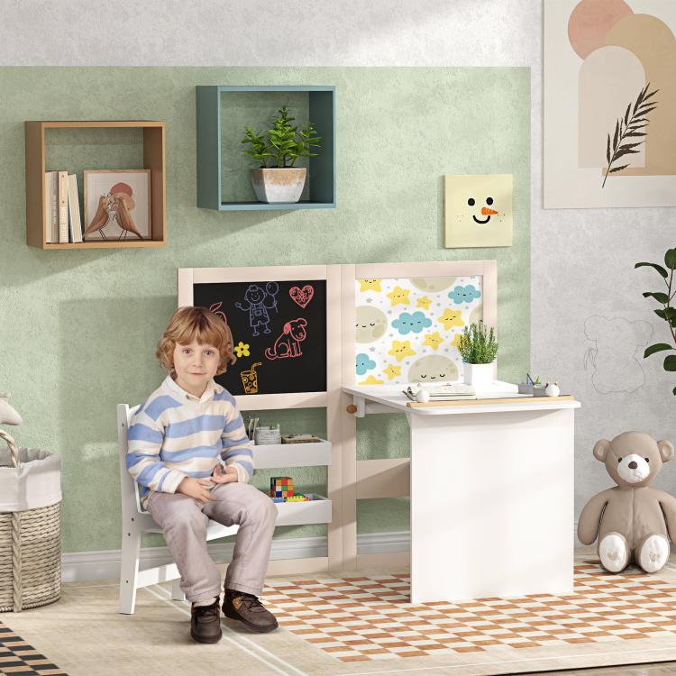 White kids table and chair set with storage nook, whiteboard panel, and chalkboard panel
