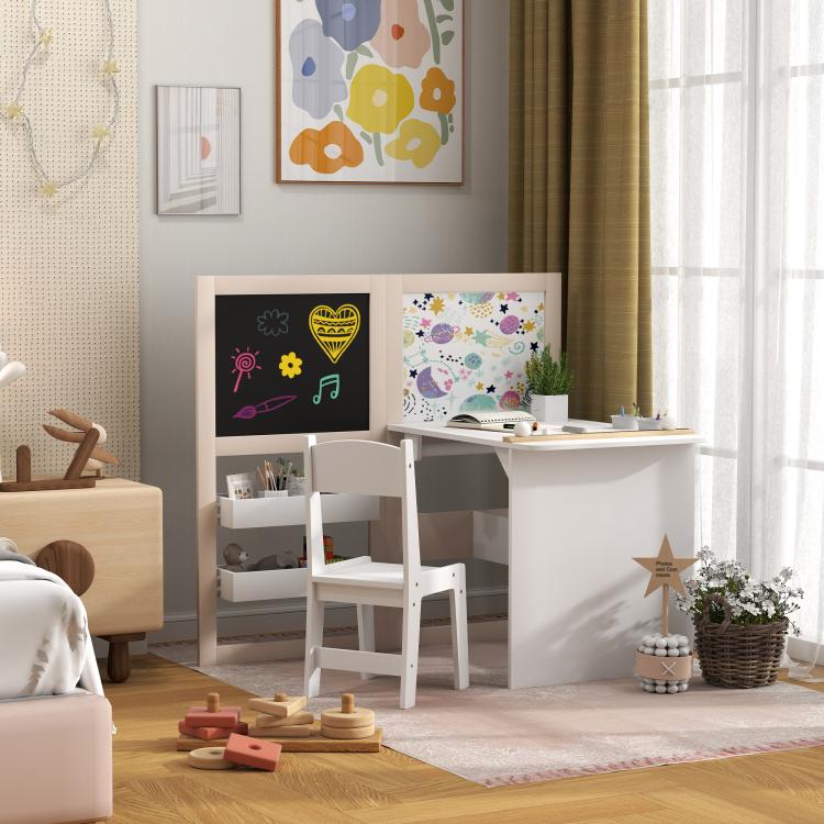 White kids desk and chair set with storage shelf and chalkboard and whiteboard panels