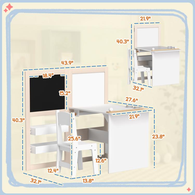 White kids table and chair set diagram with storage, board panels, and size measurements
