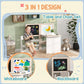 White kids table and chair set with storage shelves and board panels for drawing
