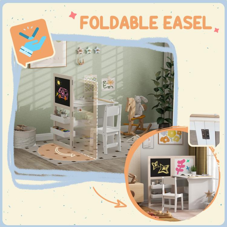 White kids folding easel-style drawing board with chair and table set and storage