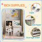 White kids table and chair set with storage shelf and roll paper holder