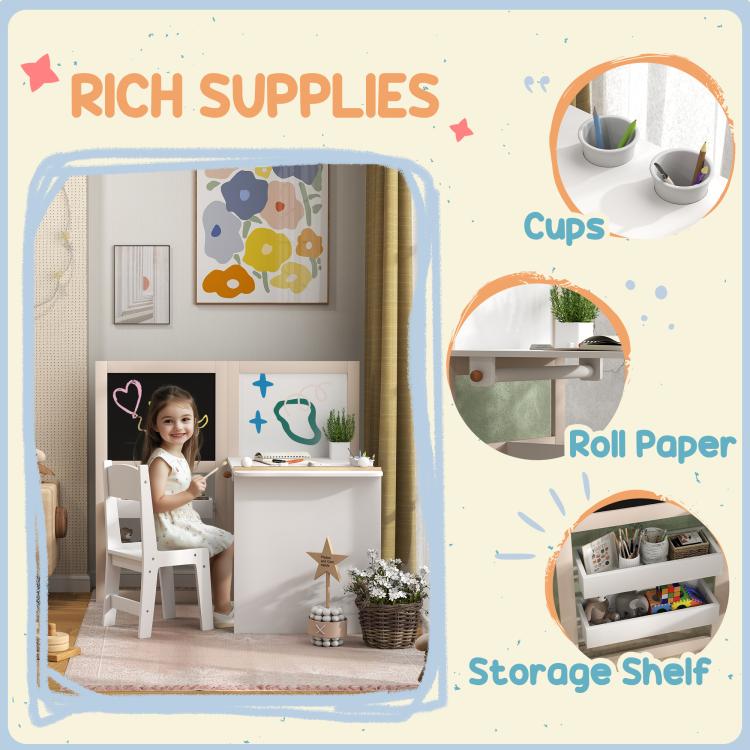 White kids table and chair set with storage shelf and roll paper holder