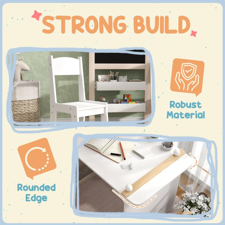 White kids table and chair set with sturdy design and rounded edges