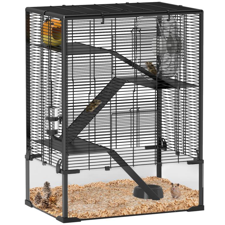4-tier hamster cage with dark wire frame, ramps, and deep glass bottom tray