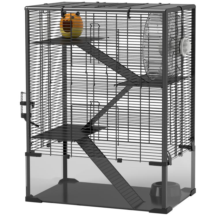4-tier hamster cage with dark wire sides, wheel, ramps, and deep glass bottom tray