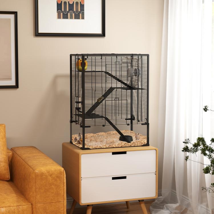 4-tier hamster cage with ramps and wheel, dark wire enclosure with deep glass base