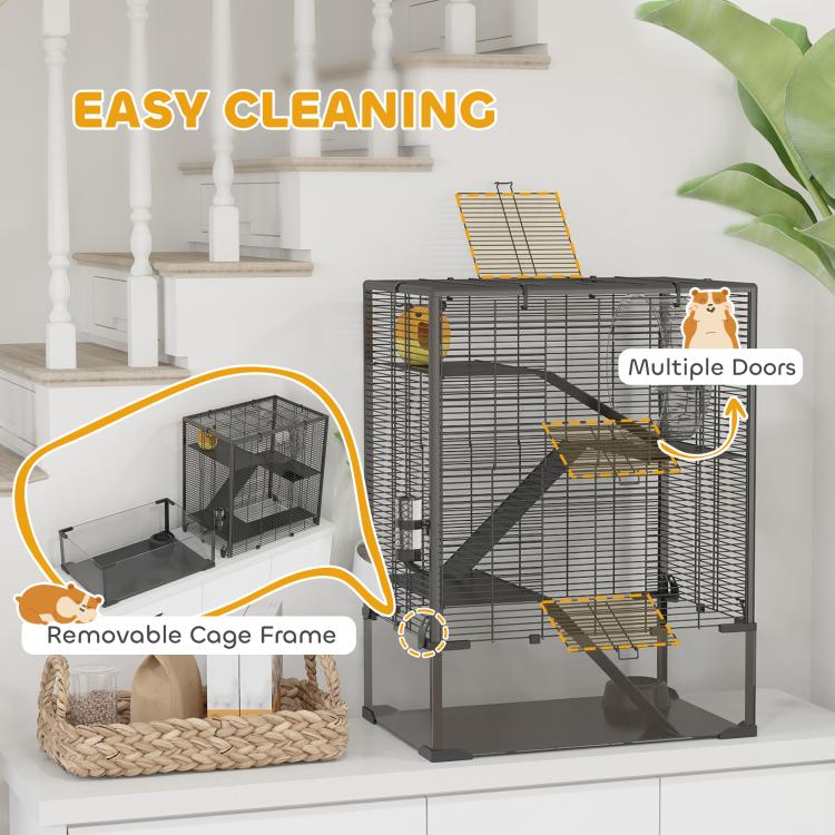 Hamster cage with multiple doors, removable frame, ramps, and wheel for climbing