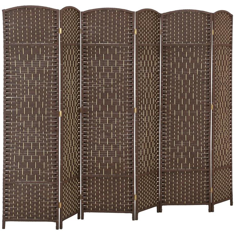 Brown 6-panel folding room divider screen with woven pattern and freestanding frame