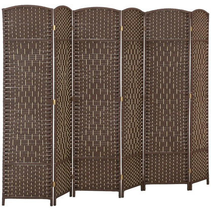 Brown 6-panel folding room divider screen with woven pattern and freestanding frame