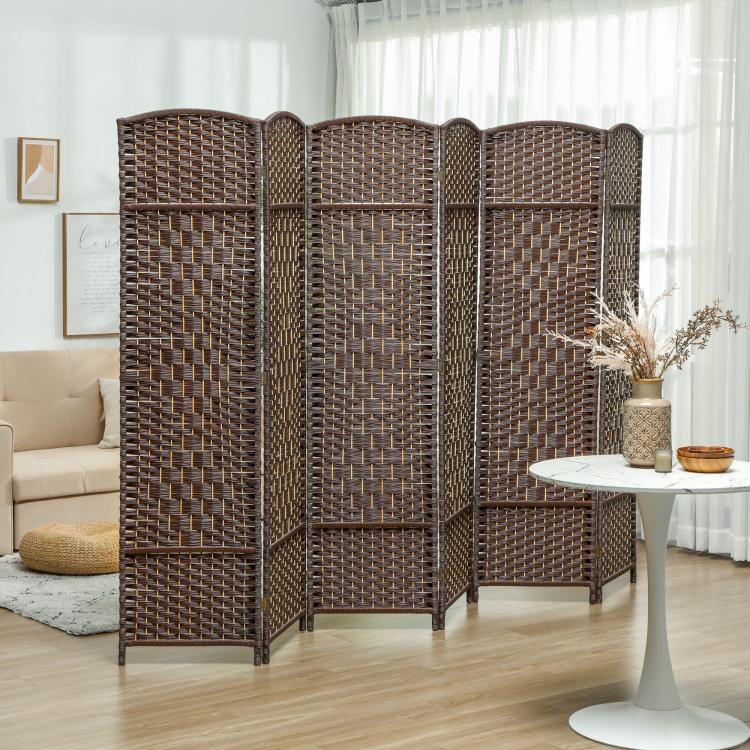 Brown 6-panel folding room divider privacy screen standing indoors