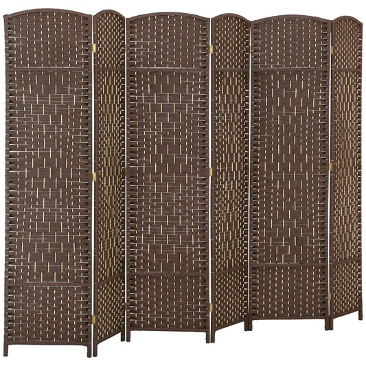 Brown 6-panel folding room divider screen with woven pattern and freestanding frame