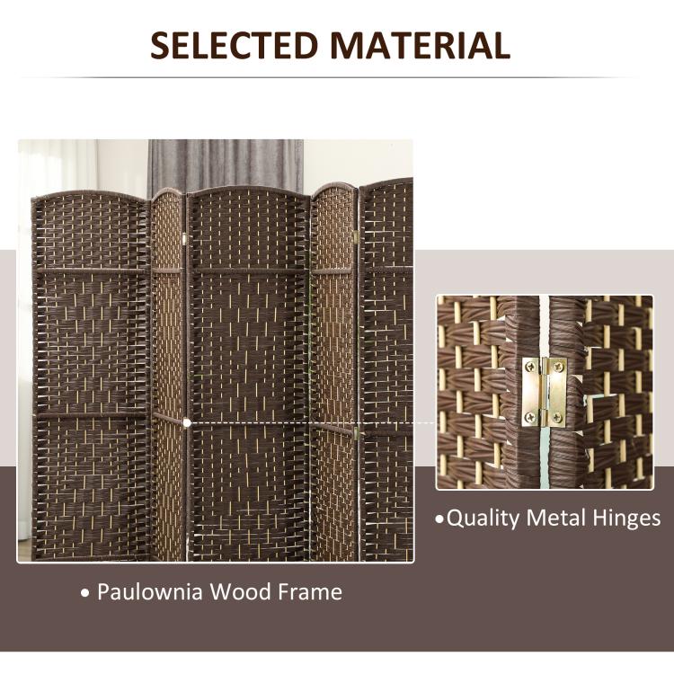 Woven brown 6-panel room divider with metal hinge details on frame