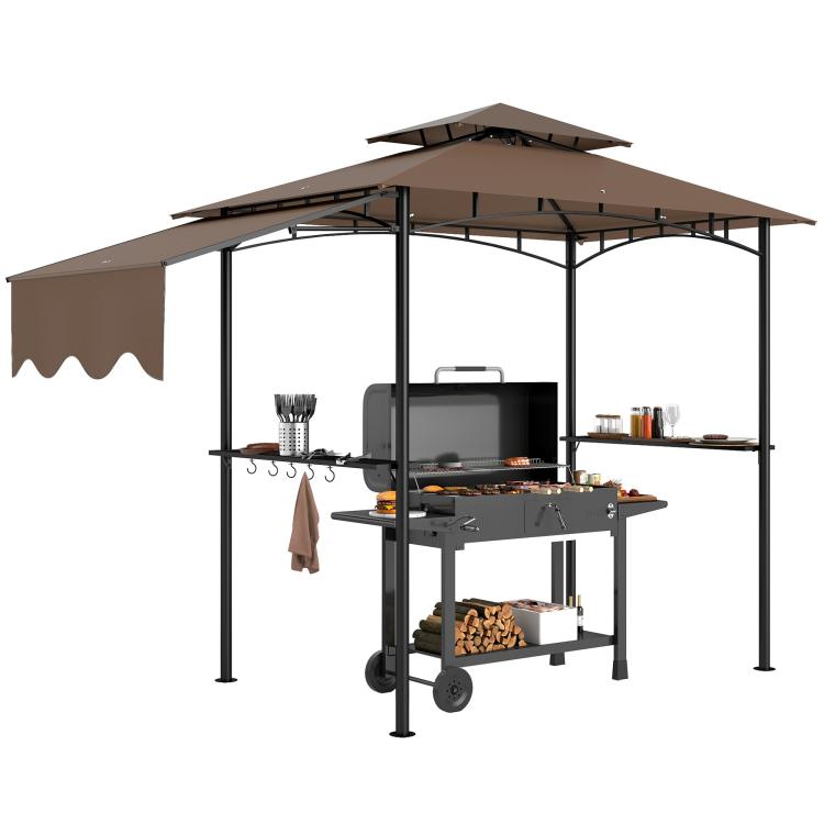Brown outdoor grill gazebo with dark metal frame, side panels, shelves and hanging hooks