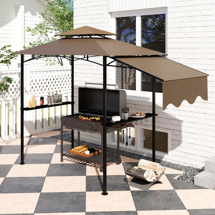 Brown outdoor grill gazebo with black frame, side awning, shelves and hanging hooks