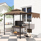 Brown grill gazebo shelter with side awning and dark metal frame beside a brick patio
