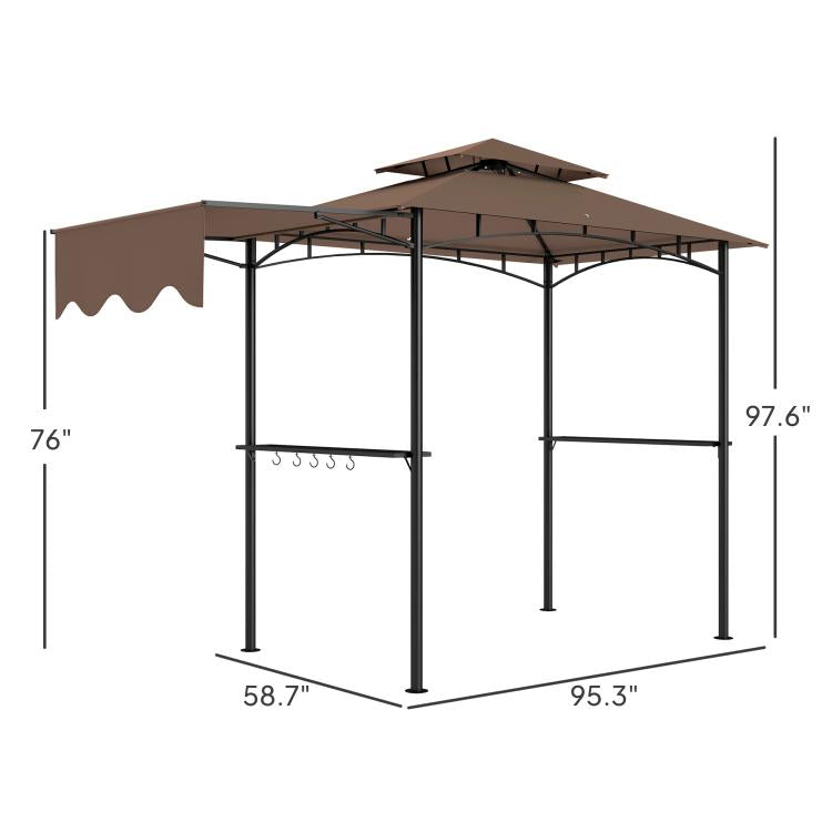 Brown and dark metal grill gazebo frame with open sides and scalloped side curtain