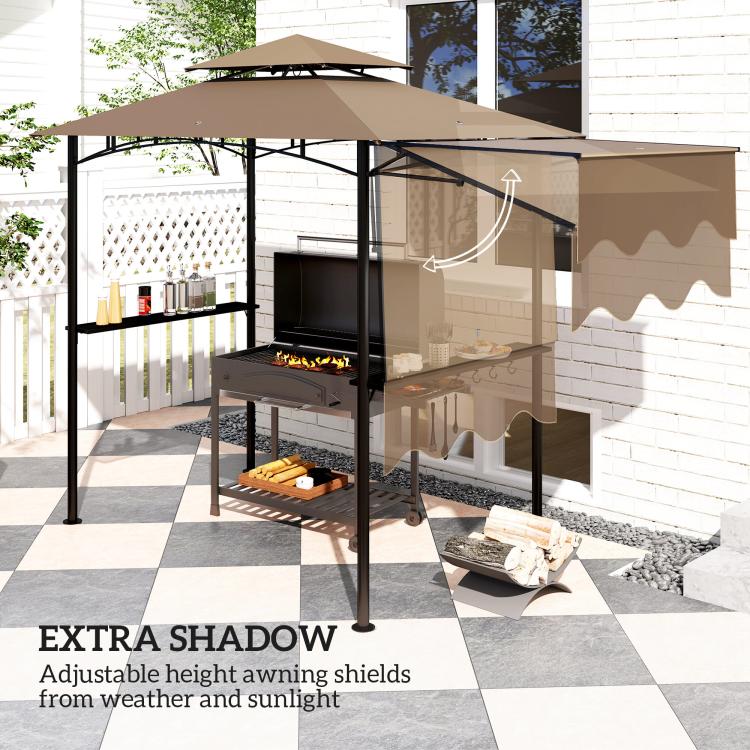 Brown outdoor grill gazebo with adjustable awning, clear open mesh sides and grill stand