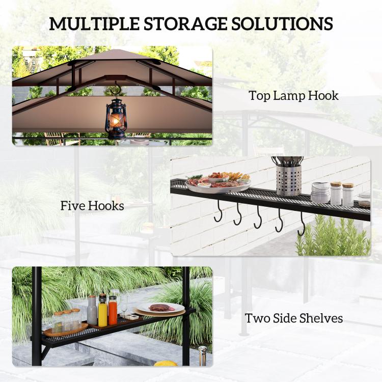 Outdoor grill gazebo with top lamp hook, multiple hanging hooks, and two side shelves