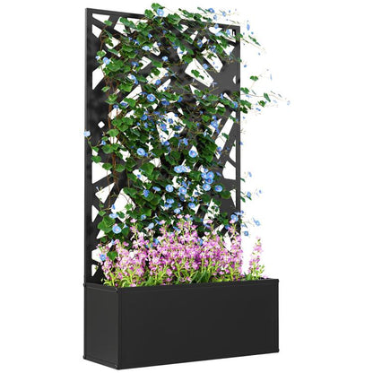 Black metal raised planter box with decorative privacy screen and blooming plants