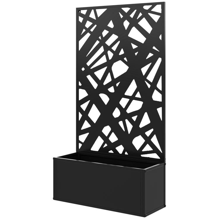 Black metal privacy screen planter box with geometric cutout pattern and base