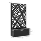 Black metal planter box with decorative privacy screen panel and rectangular base