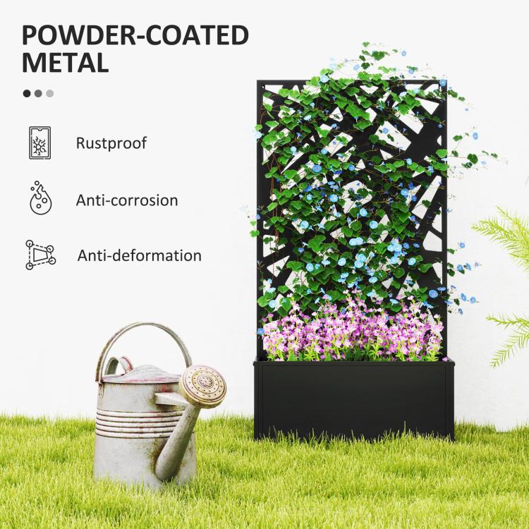 Black metal planter box with decorative privacy screen and blooming flowers