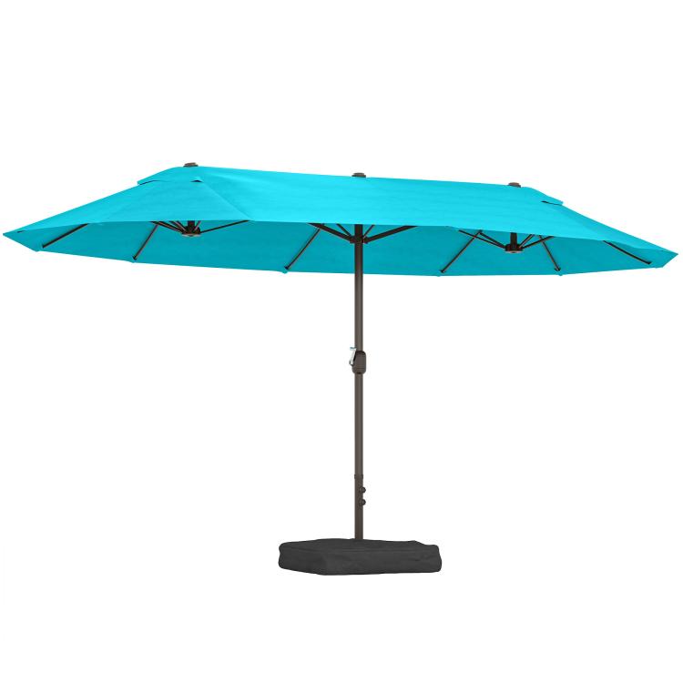 Blue rectangular outdoor market umbrella with crank lift and weighted base