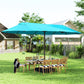 Blue outdoor market umbrella over backyard dining set on a lawn