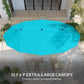 Blue patio market umbrella canopy with central pole above patio flooring