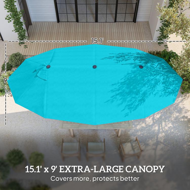 Blue patio market umbrella canopy with central pole above patio flooring