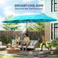 Blue patio market umbrella providing shade over outdoor sofa seating