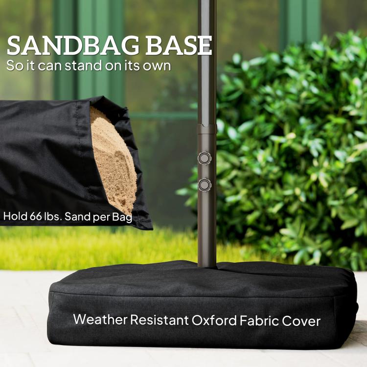 Black sandbag base cover with vertical pole for patio market umbrella