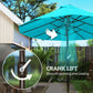 Crank lift mechanism on blue outdoor market umbrella pole under canopy