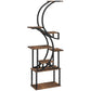 S-shaped multi-tier plant stand with black metal frame and brown wood shelves