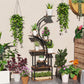 S-shaped plant rack with curved dark metal and wooden shelves, multi-tier design