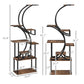 Plant stand dimensions diagram for S-shaped rack with dark metal and wood shelves