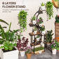 Numbered 8-tier S-shaped plant stand with dark metal frame and wood shelves