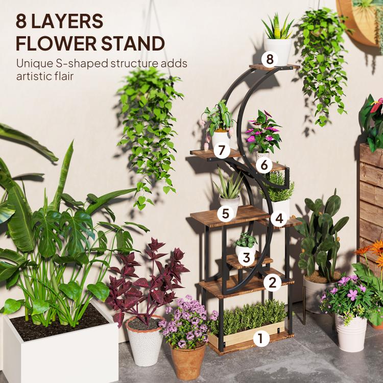 Numbered 8-tier S-shaped plant stand with dark metal frame and wood shelves