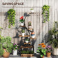 S-shaped plant stand with dark metal frame and warm wooden shelves for corners