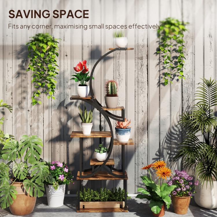 S-shaped plant stand with dark metal frame and warm wooden shelves for corners