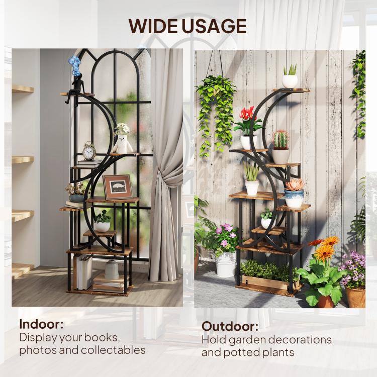 S-shaped multi-tier plant stand with dark metal frame and wooden shelves