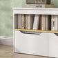 White toy storage organizer with open shelf and two front drawers