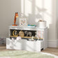 White toy storage bench with open center shelf and two lower drawers