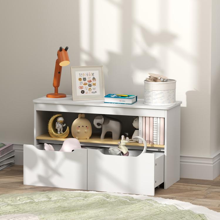 White toy storage bench with open center shelf and two lower drawers